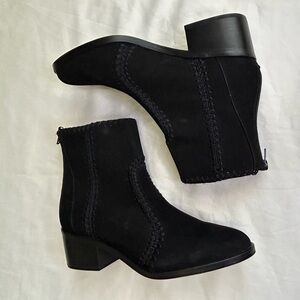 Chelsea & Violet “Lucy” Black Suede Heeled Ankle Boot with heel zip | Size 8